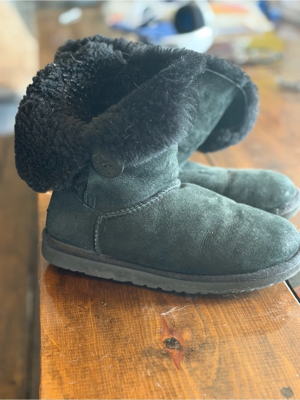 UGG Black Suede Fold-Over Shearling Boots